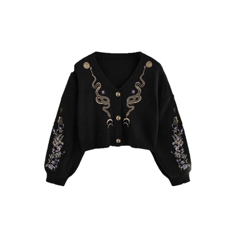 Amazon Foreign Trade Cross-Border V Neck Double Snake Flower Embroidery Casual Loose Short Woolen Cardigan
