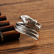 小黑银饰s925银复古印第安羽毛老鹰潮男戒指开口可调节个性银指环