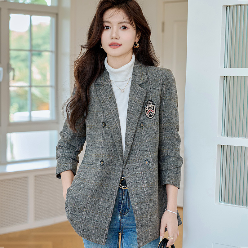 【Hot-Selling Export Item】Gray Wool Casual Blazer for Women 2026 Spring and Autumn Elegant Woolen Plaid Women's Suit