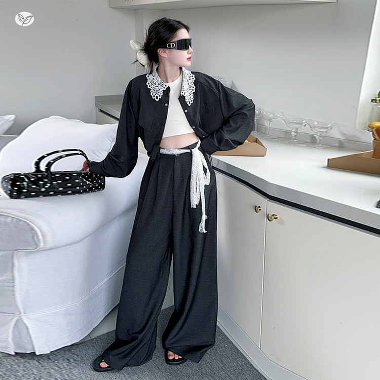 女童2025年秋季新款蕾丝拼接短款西服套装女孩春秋高腰阔腿裤外套|undefined