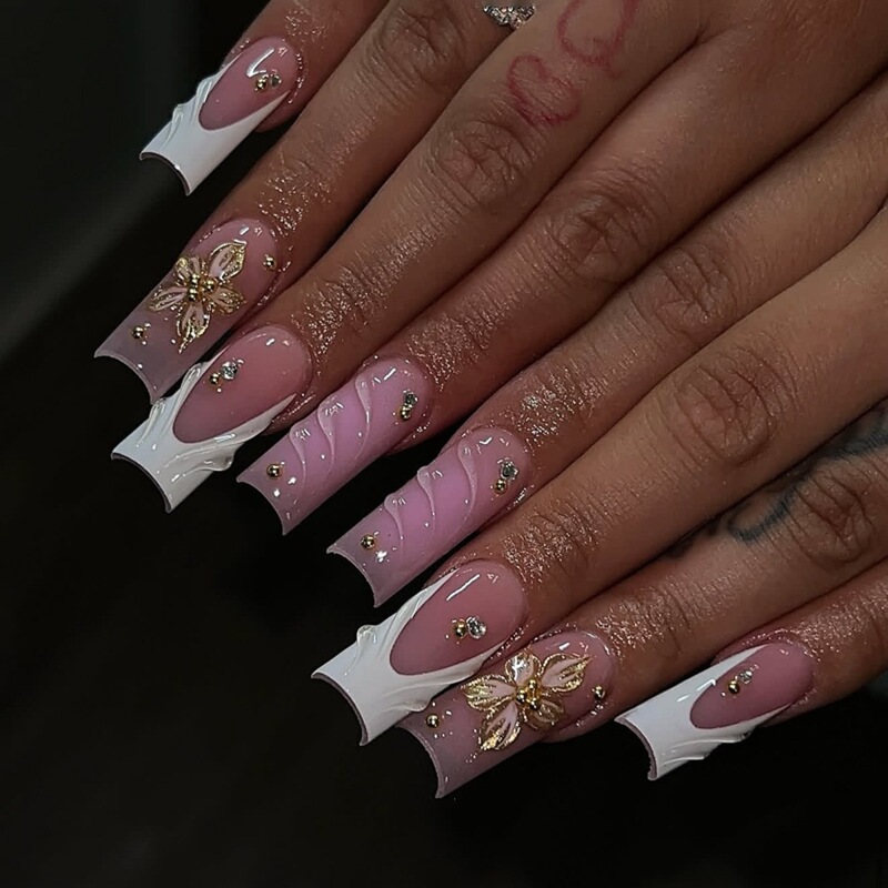 Cross-Border Hot-Selling Medium-Length Rectangular Nail Art Press-On Nails 3D Three-Dimensional Fake Nails French White Flower Nail Pieces Cross-Border Hot-Selling Medium-Length Rectangular Nail Art Press-On Nails 3D Three-Dimensional Fake Nails French White Flower Nail Pieces