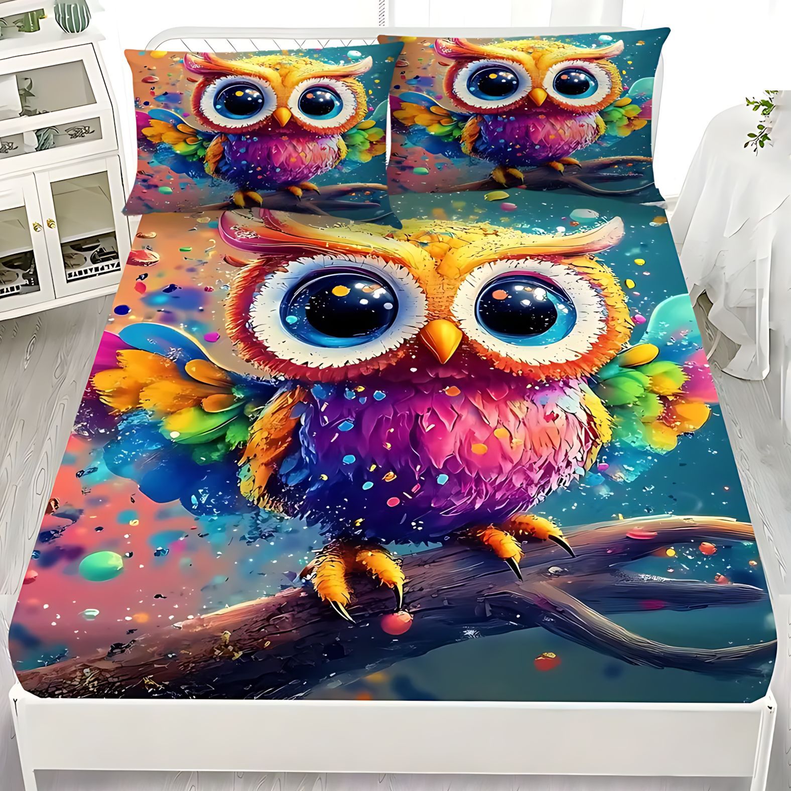 TEMU / JIT textil casero transfronterizo lindo tema búho molido 3D impresión digital cama Kasa Kit fuente fabricante