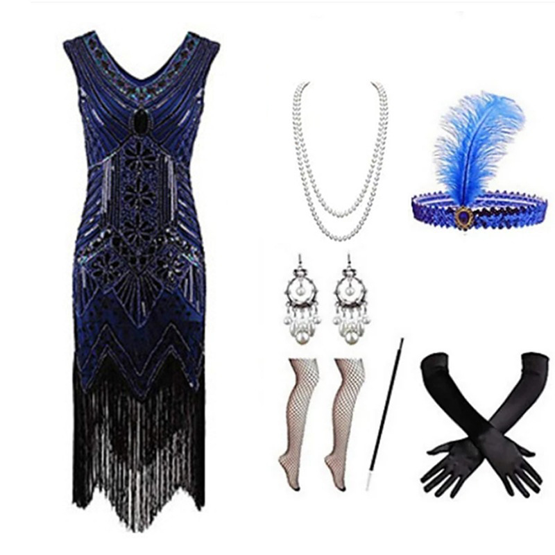 European and American Cocktail Party Women's 1920S Vintage Dress, Gatsby Sequin Dress with Heavy Beading and Tassels