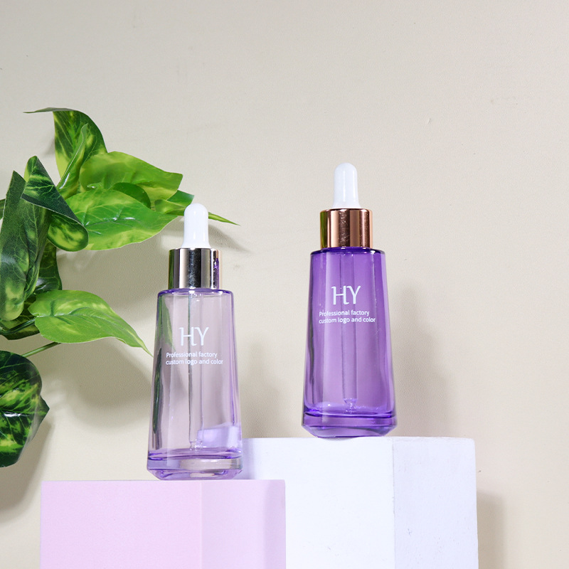 新品促销 50ml锥形滴管玻璃瓶 透紫色圆底护肤精油瓶