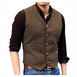 跨境专供男士人字纹马甲新郎伴郎修身马甲休闲西装马甲外贸男背心