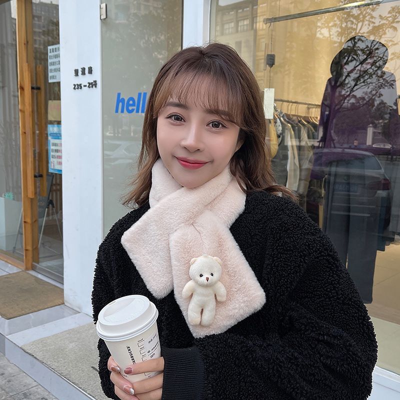 围巾女秋冬季加厚保暖韩版可爱学生百搭韩国立体小熊交叉毛绒围脖|undefined