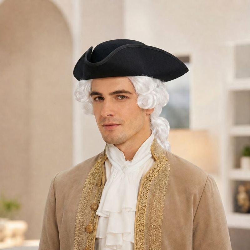 Halloween retro colonial gentleman costume with silver-white ponytail wig, matte black tricorn hat set, cosplay look