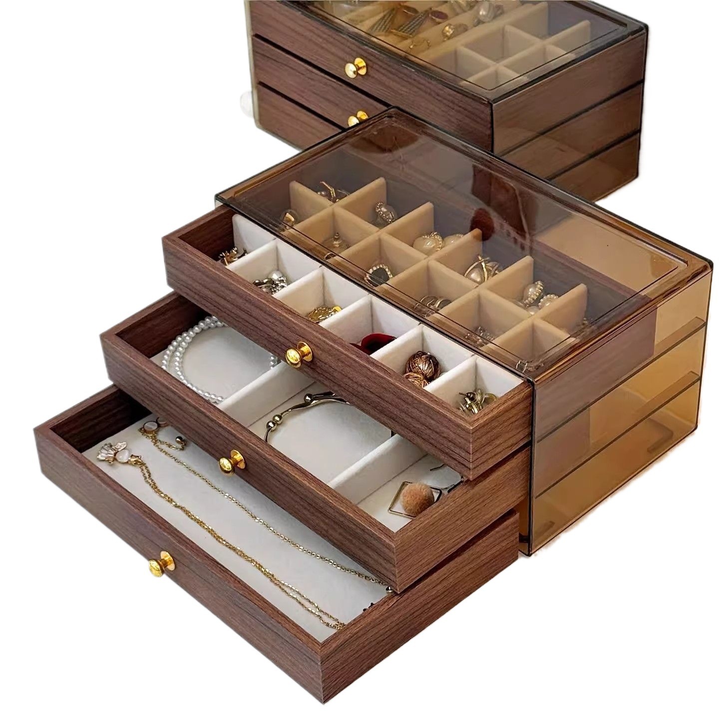 Doble capa de madera de nuez negra caja de joyería retro práctica caja de joyería portátil de madera maciza caja de almacenamiento de anillos de collares