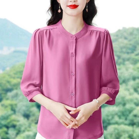 High-end Chiffon Shirt Mother Loose Summer New Arrival Small Shirt Seven-point Sleeve Solid Color Mid-sleeve Thin Shirt Top for Women