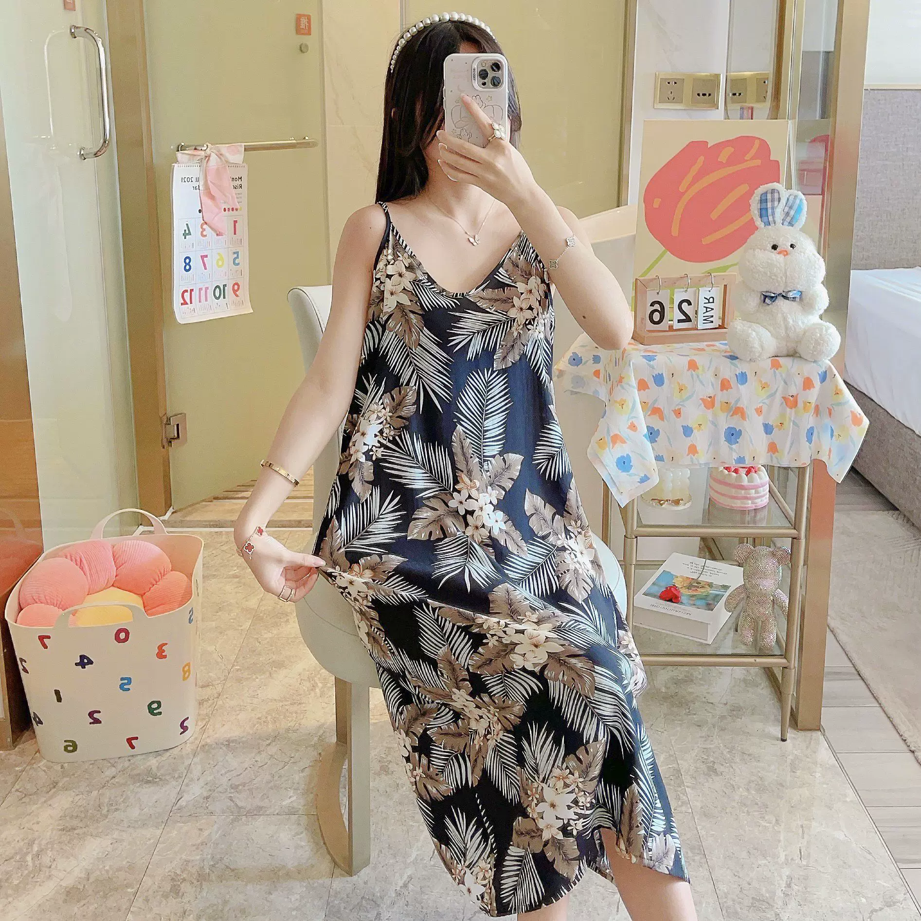 跨境睡裙女夏季外贸薄款加大码睡衣性感吊带裙卡通印花吊带外穿裙