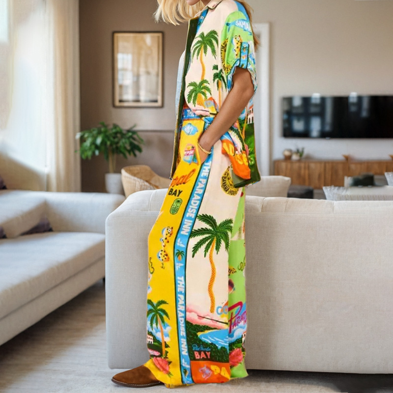 2026 New Spring Women's Clothing European American Casual Outfit Elegant Printed Loose Shirt And Trousers Fashion Set_ecoleips.com