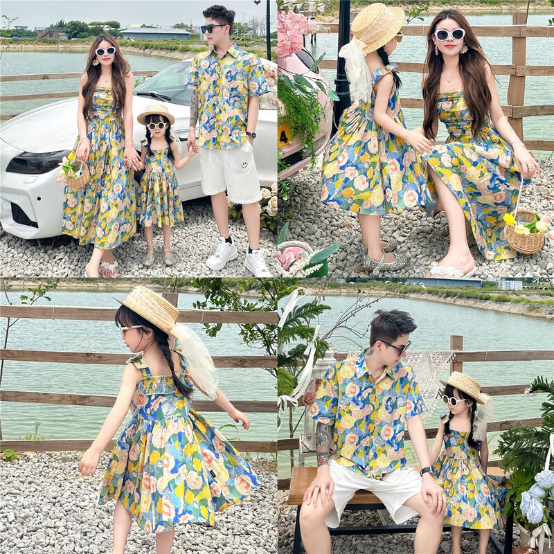 Parent-Child Clothing Summer New Floral Dress Family of Three Vacation Style Shirt Mother and Daughter Clothing Sweet Puff Sleeve Skirt Parent-Child Clothing Summer New Floral Dress Family of Three Vacation Style Shirt Mother and Daughter Clothing Sweet Puff Sleeve Skirt