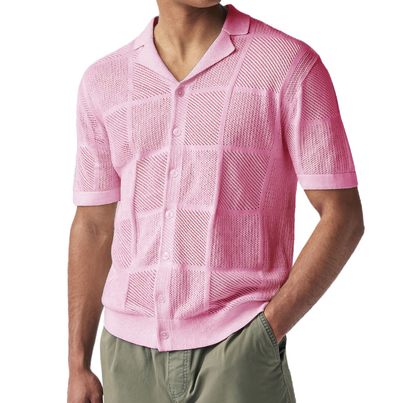 2025 Sommer Neue Strickjacke Dünne Hohl Polo Kragen Kurzarm Top Herrenbekleidung_voghion.com