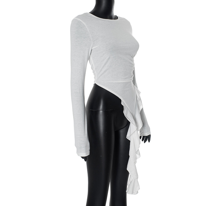 Round Neck Long Sleeve with Ruffles Slim Fit Top Women Clothing