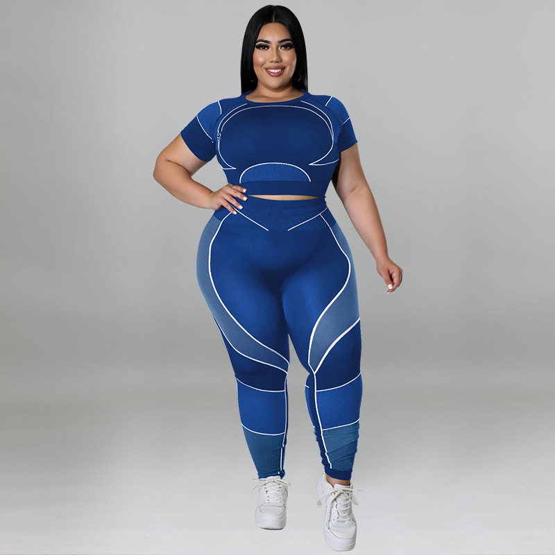 Plus Size Workout Sets For Women 3/4 Sleeve Crop Top And High Waist Yoga Pants, Color Block Sports Outfit, Sweet Style Athletic Wear_ecoleips.com