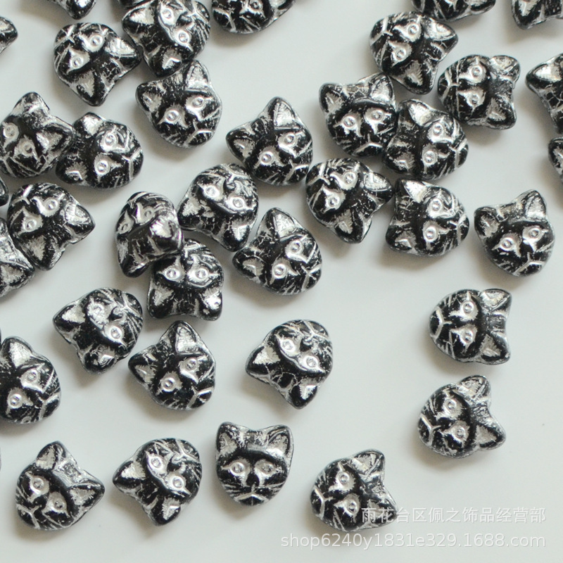 捷克进口琉璃玻璃珠复古描金猫咪猫头DIY串珠配件材料 称重批发