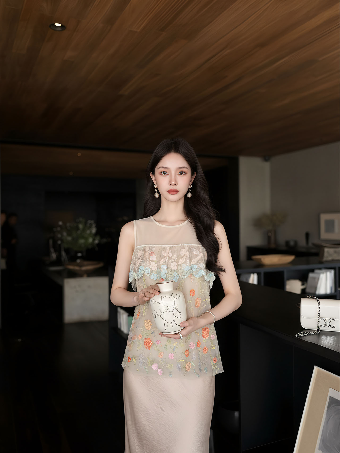 Bộ váy áo vest không tay phong cách Trung Hoa thêu ren họa tiết nặng, chất liệu thoáng khí, gồm áo vest và chân váy nửa kèm theo — bộ đồ, Champagne màu nửa váy, Áo khoác màu mơ