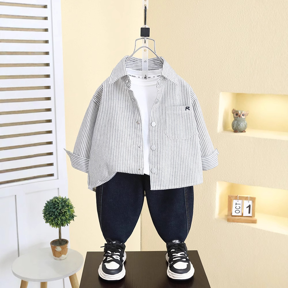 7793 Camisa de primavera para niños Camisa a rayas occidental para niños 2025 Chaqueta de manga larga de primavera para bebés para niños nuevos