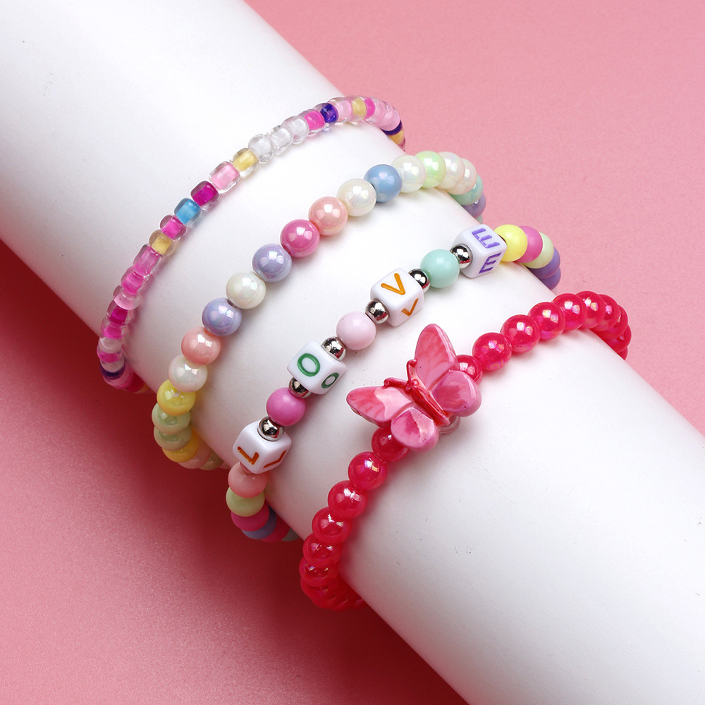 Acrylic Color Beaded Rose Red Butterfly Bracelet Set