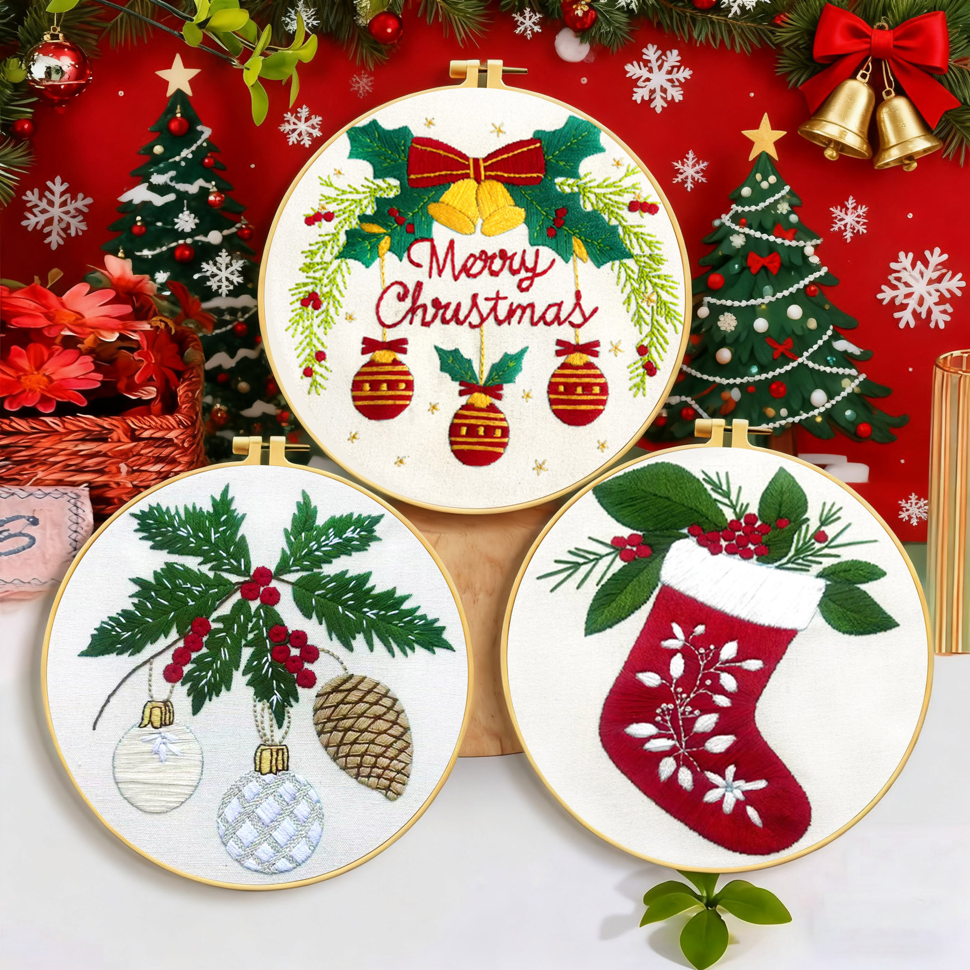 Navidad transfronteriza bordado a mano kit DIY material paquete de medias navideñas con campanas decoración del hogar de vacaciones al por mayor