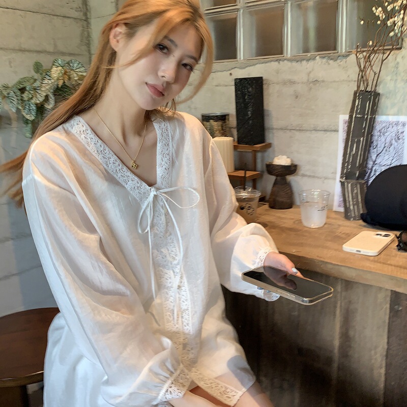 Sheer and soft texture Tencel-acetate embroidered lace blouse for women, summer tie-up semi-transparent top Sheer and soft texture Tencel-acetate embroidered lace blouse for women, summer tie-up semi-transparent top