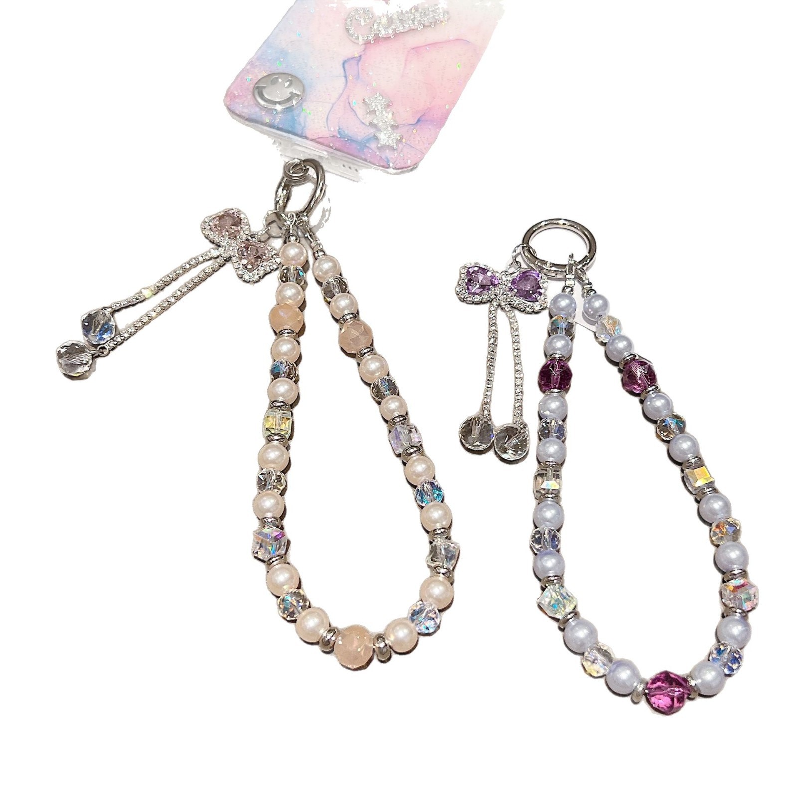 Lujo ligero Diamante Flash Mariposa Colgante Caja del teléfono móvil Cordón Perla de cristal Bolsa con cuentas Cadena borla Cadena de mano fresca