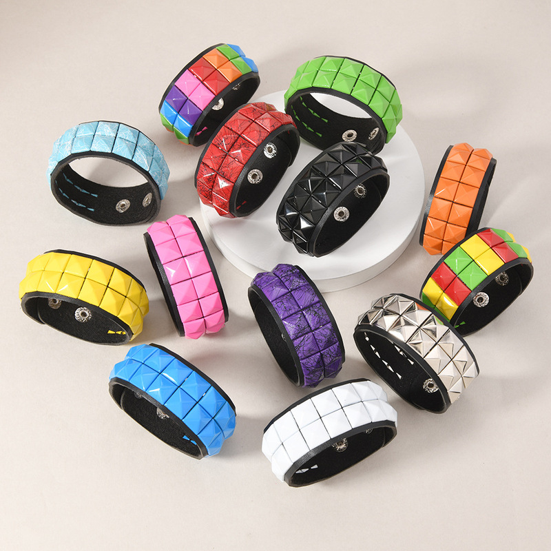 Double-Row Square Stud Pu Leather Bracelet, Punk Rivet Men's Bracelet, Cool and Unique Style, Cross-Border Wholesale