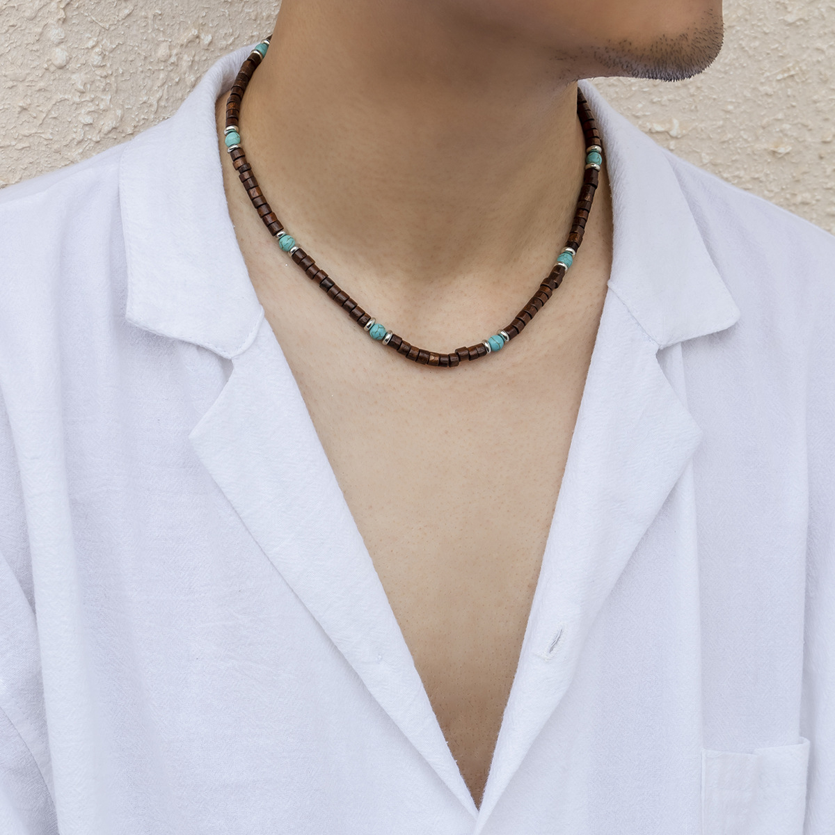 1 Piece Retro Color Block Wood Turquoise Beaded Men's Necklace display picture 2