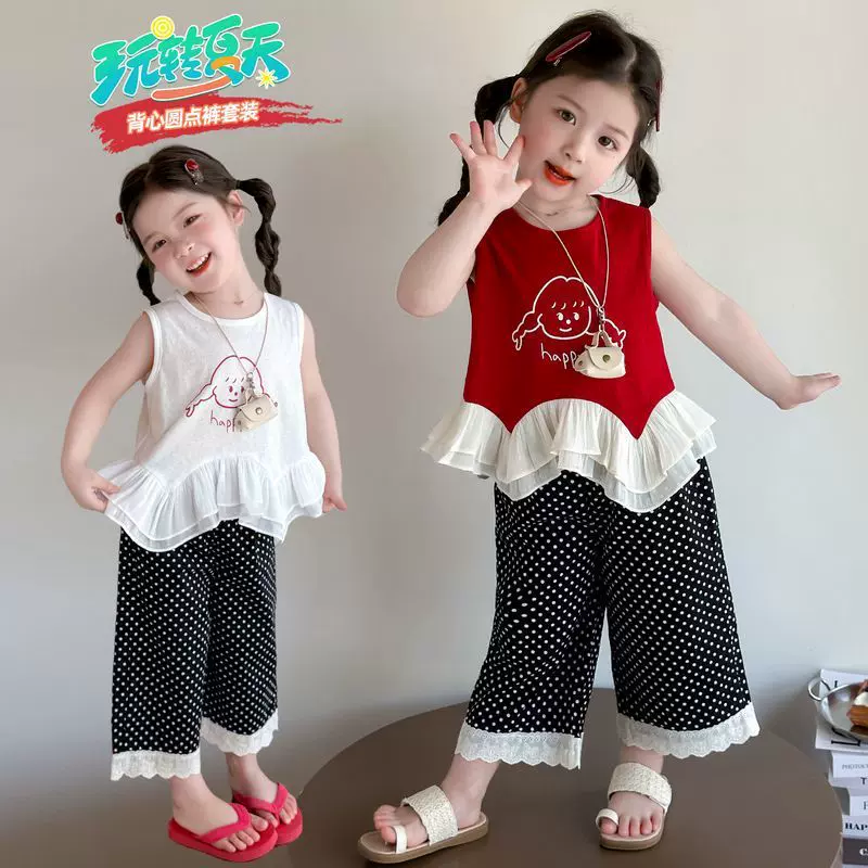 莫代尔休闲风薄款夏季女波点韩版套装夏装女宝休闲女童上衣批发