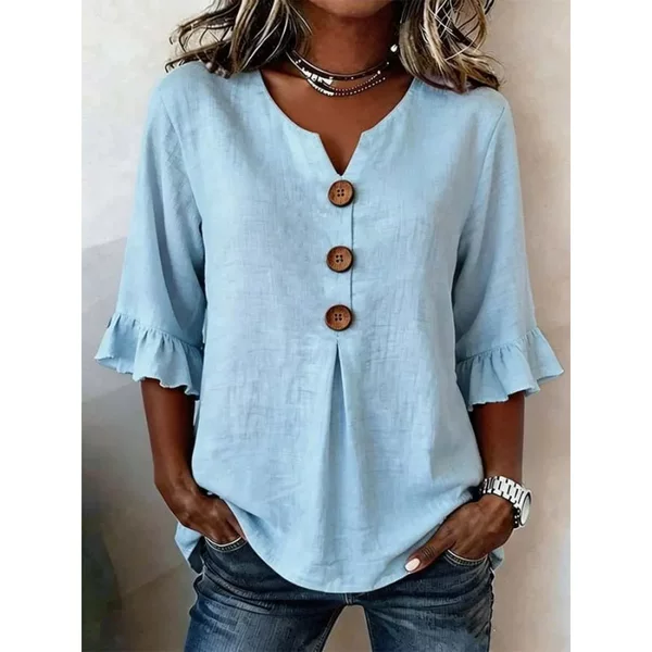 2026 New In-Stock European and American Amazon Cross-Border Summer Women's V-Neck Cotton and Linen Ruffle Button-Up Top