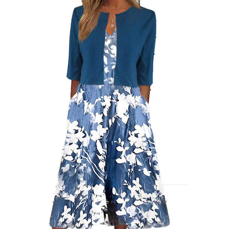 315695 European and American Explosions Mother's Elegant V-neck Long Dress Blue and White Printed Pocket Over-the-knee Long Dress Two Pieces