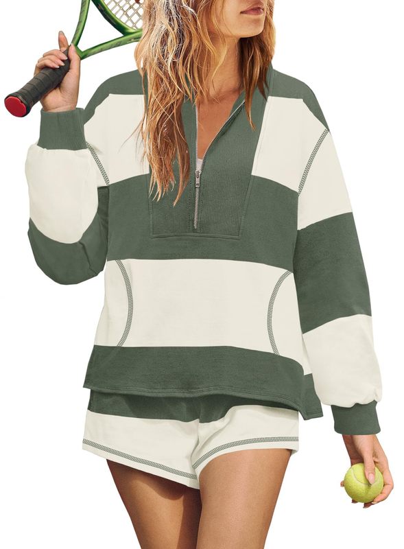 欧美亚马逊2025春秋新款女士条纹长袖超大衬短裤休闲运动服两件套|undefined