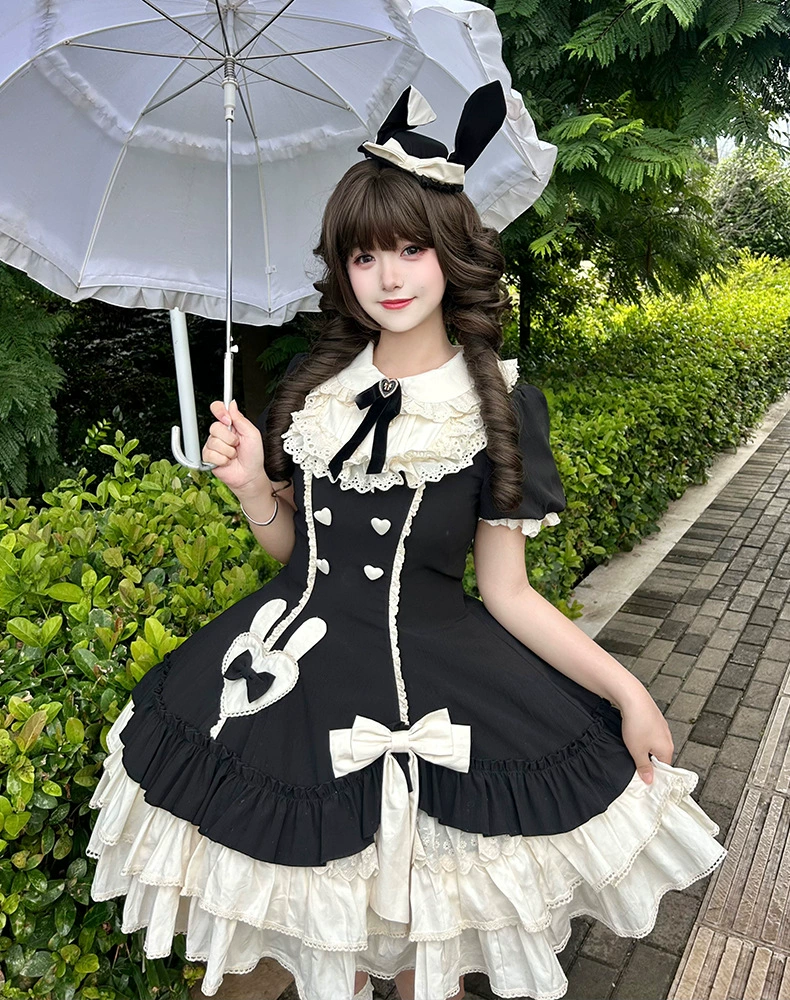 Платье Lolita OP, сладкий классический стиль, пышные рукава, многослойная юбка и банты — крем/чёрный/розовый