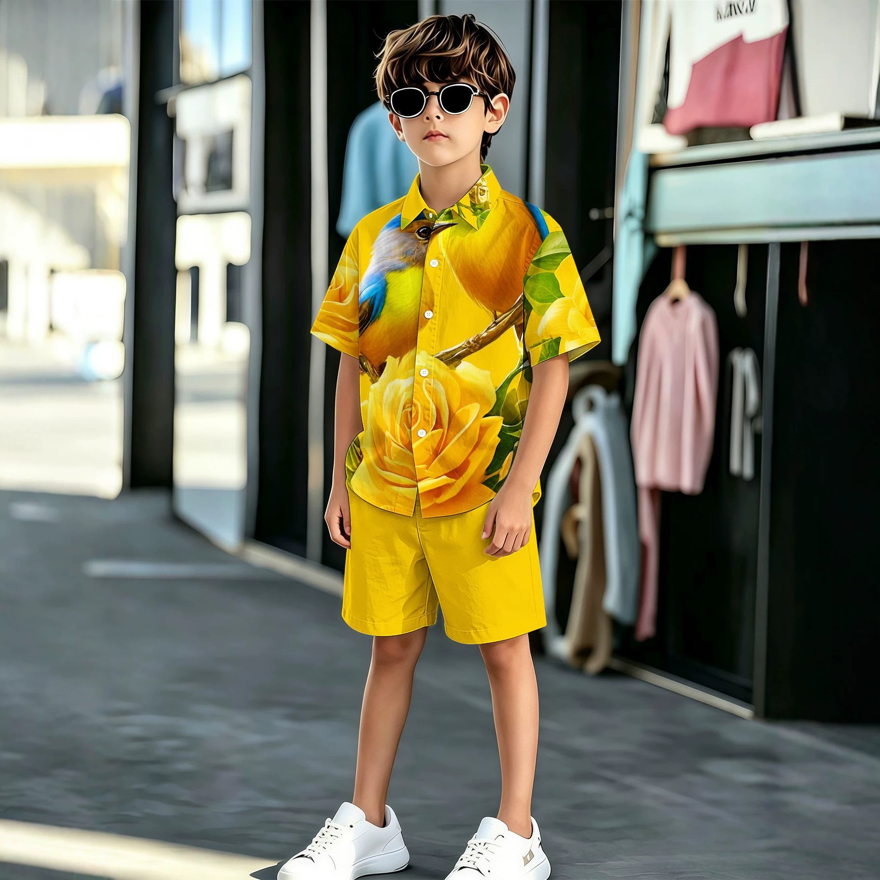 Neue europäisch-amerikanische Styles: Jungenhemd und Shorts-Set mit 3D-Druck und Pflanzenblumenmuster_voghion.com