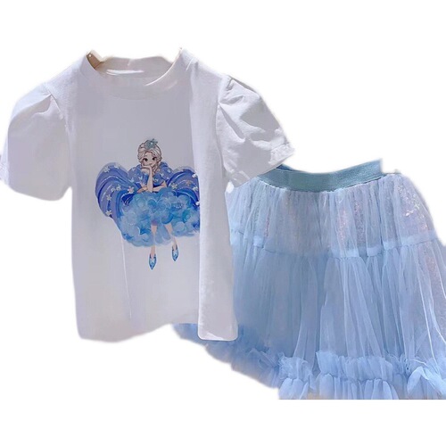 Girls summer suit 2024 new children's short-sleeved T-shirt Frozen two-piece set baby style skirt