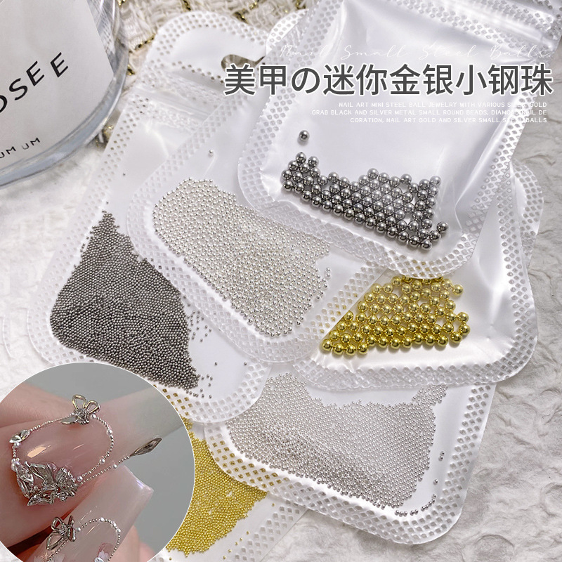 Mini Small Steel Beads Nail Art Decorations 0.4mm Large and Small Sizes Gold and Silver Round Beads Nail Art Rhinestone Accessories Wholesale