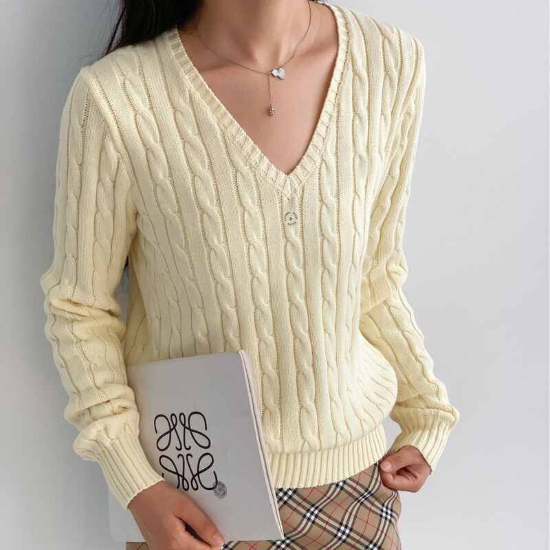 Real Shot of Four-Color V Neck Knitwear Twist Cable Knitted Knitwear Women's Pullover Top 25 Autumn and Winter New Style