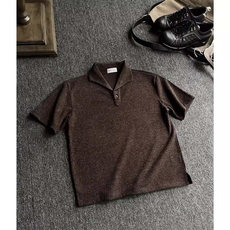 Dark Brown Polo Collar Short-Sleeve Men's Summer Old Money Style Heavy-Duty T-Shirt American Retro Regular Shoulder Half-Sleeve