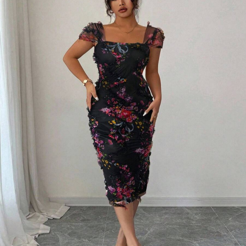 Elegant Directional Dress for Women, Featuring a Romantic Mesh Floral Print and Pleated Mid-Length Design, Suitable for Weddings
