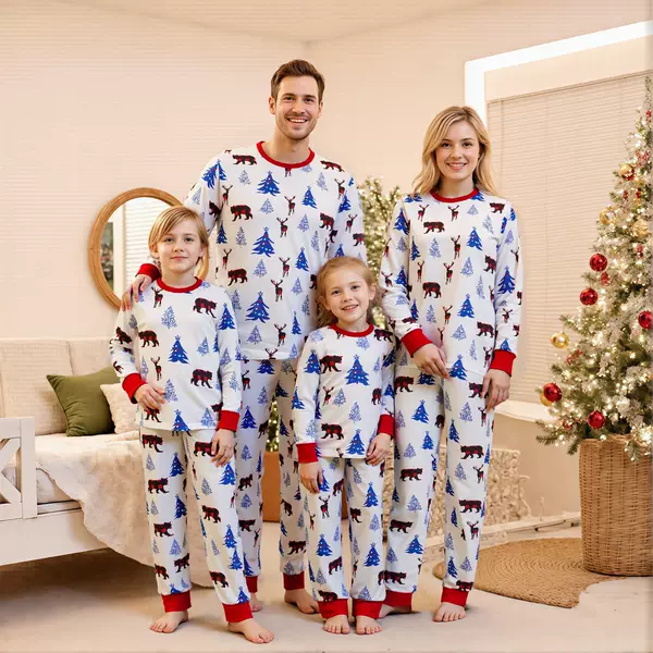 European and American Amazon Family Home Clothes Christmas Printed Long-Sleeved Christmas Elk Cartoon Printed Pants Pajamas Set