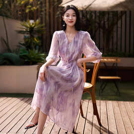 tywf8391晕染渐变紫收腰印花连衣裙女2025夏季新款时尚减龄长裙