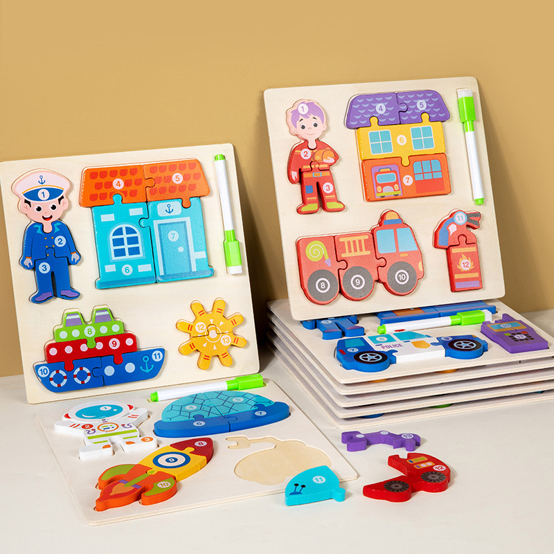 Niños de madera transfronterizos 3d tablero de dibujo de rompecabezas tridimensional tablero de dibujo de agarre a mano personaje transporte profesional educación temprana juguetes educativos
