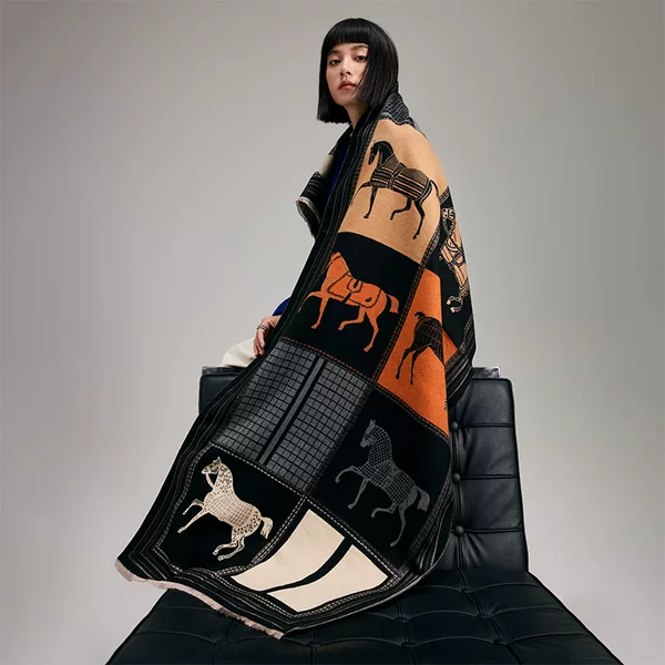 Autumn and Winter Mesh Color Block Horse Collision Fashionable Ladies Imitation Cashmere Warm Scarf Air Conditioning Shawl Scarf