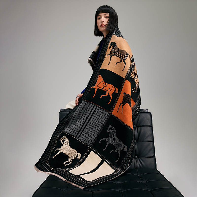 Autumn and Winter Mesh Color Block Horse Collision Fashionable Ladies Imitation Cashmere Warm Scarf Air Conditioning Shawl Scarf