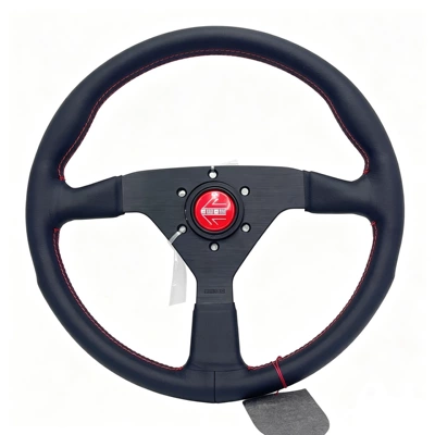 14inch Modified genuine leather car steering wheel V1 flat double-line 5mm thickened bracket drift racing steering wheel (Steering wheel) - black