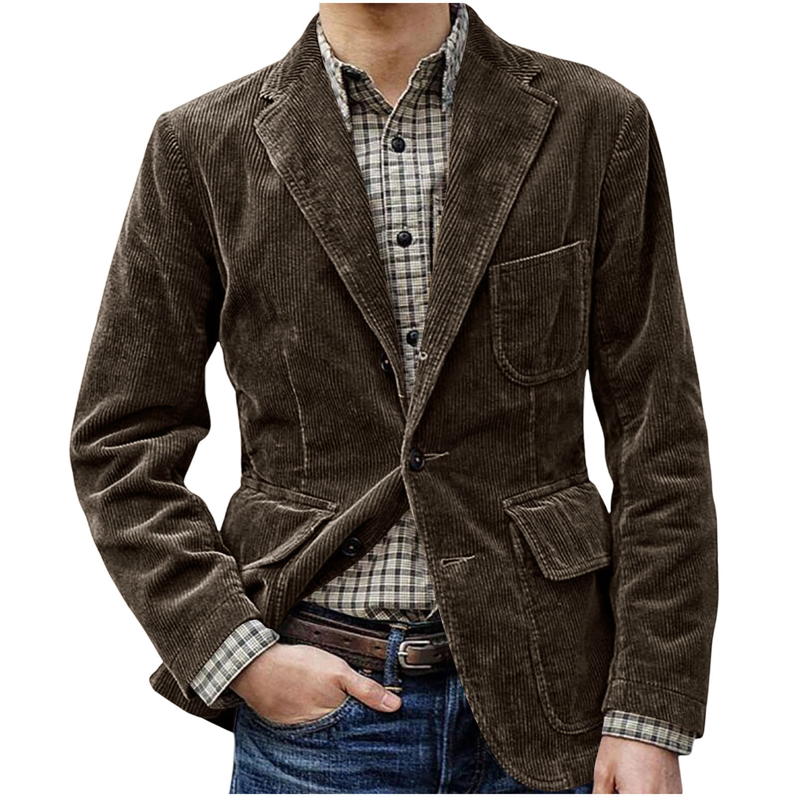 Primavera y otoño 2024 nuevo traje de pana retro casual chaqueta plana traje de color sólido para hombre