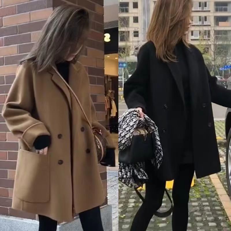 韓国版の夏シーズンの大きなポケットの小さなウールコート女性用スーツ襟ルーズスタイルの女性用ミドル丈ウールコート|undefined