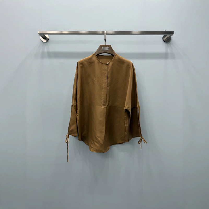 Nanyou high-end designer-style coffee-colored round-neck, half-open-front shirt with drawstring cuffs and wide, flowing sleeves Nanyou high-end designer-style coffee-colored round-neck, half-open-front shirt with drawstring cuffs and wide, flowing sleeves