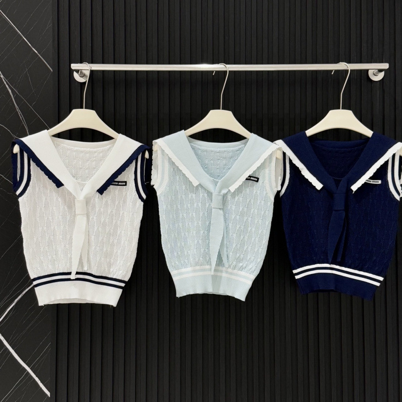 Mm25 New Summer Style Age-Reducing College Style Navy Collar Embroidered Letter Hollow Vest for Women