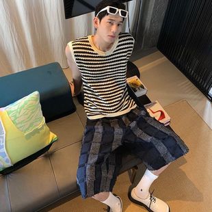 American Style Retro Striped Hollow Knitted Vest for Men and Women Outer Wear Design Sense Niche Casual Sleeveless Vest Top Trendy